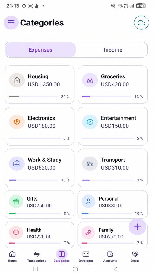 Ultimate Money Manager categories screen